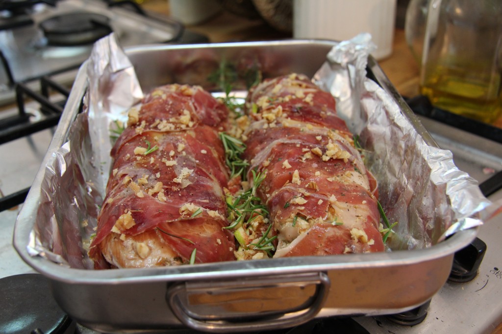 Pork Fillet with fresh fig stuffing wrapped in Iberico ham and crushed walnuts
